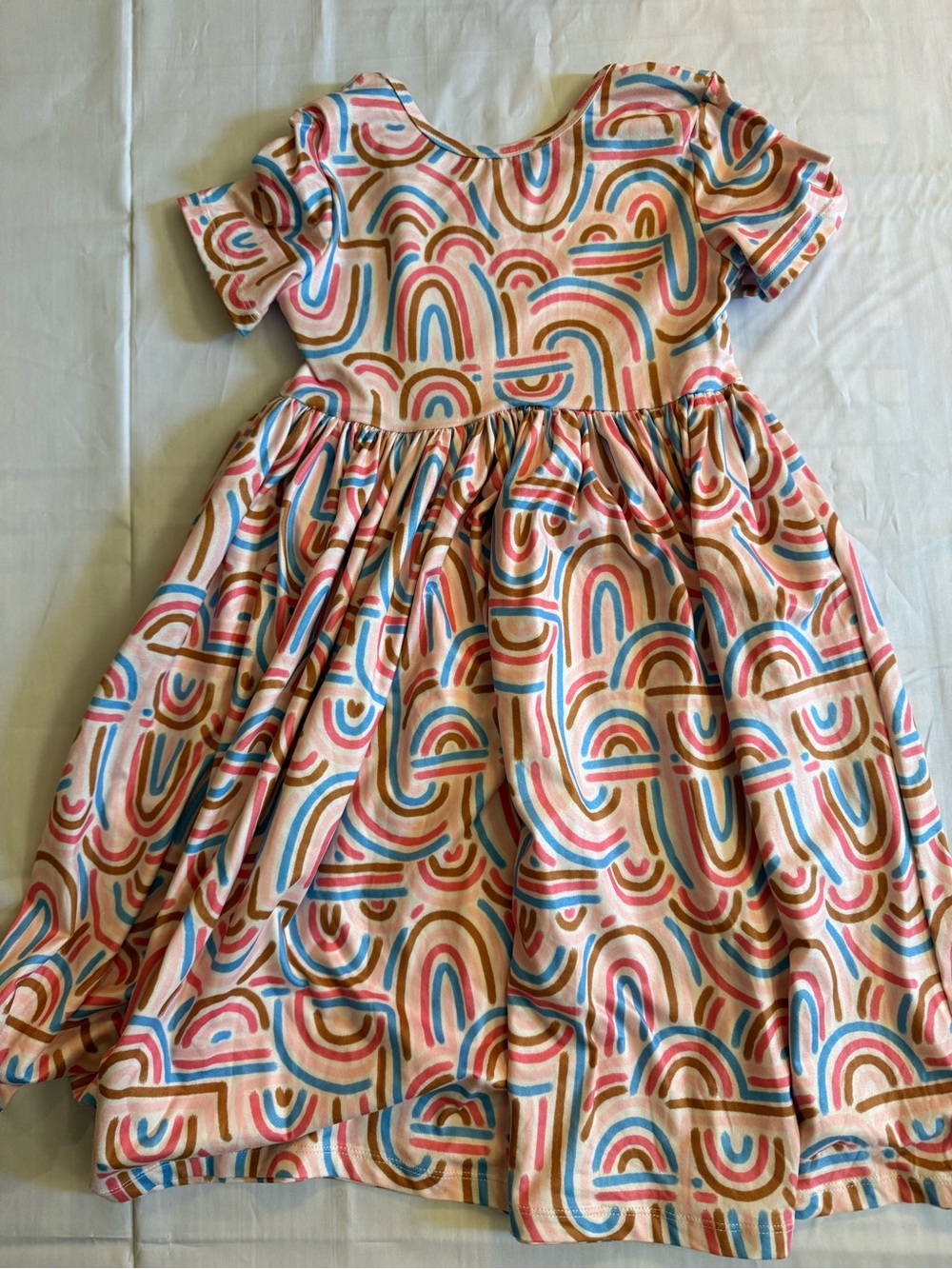 Girls Rainbow-Print Cotton Twirl Dress in Pink, Blue & Tan
